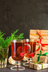 tea and festive atmosphere (heart and love). Copy space. Top view