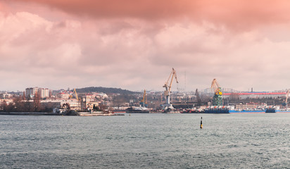 Naklejka premium Sevastopol Bay, coastal cityscape with port
