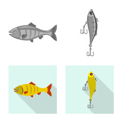 Vector design of fish and fishing icon. Collection of fish and equipment stock vector illustration.