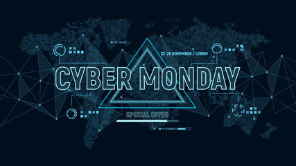 Modern futuristic banner for Cyber Monday on background with polygons connection structure and world map in pixels. Discount sale, online shopping and marketing concept. Vector illustration