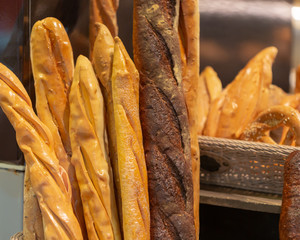 Variety of fresh bread in a supermarket
