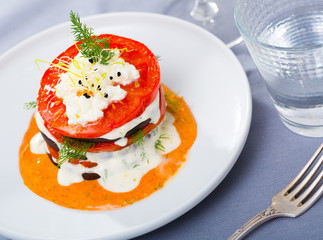 Roasted grill slices of eggplant and tomato