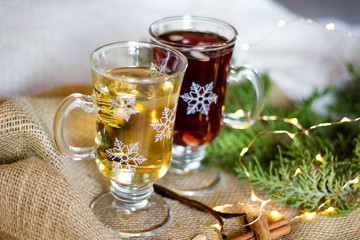 Glasses with red and white mulled wine  also called 
