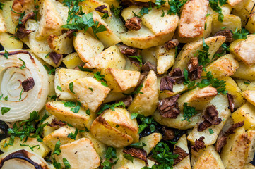 vegetarian dish, baked potatoes, mushrooms, eggplant and pumpkin