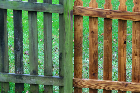 Two Parts Of Wooden Fence Before And After Pressure Wash