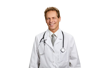Fototapeta premium Portrait of cheerful doctor with strethoscope. Happy smiling male physician with medical equipment isolated on white background. People, medicine, occupation.