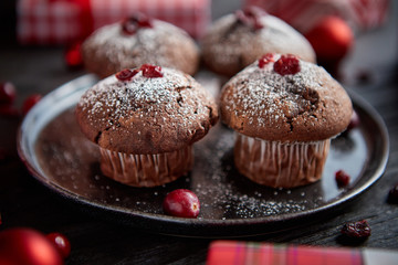 Christmas chocolate delicious muffins served on black ceramic plate. Sprinkled with powder sugar. Cranberries on top. Xmas gifts and decorations on sides.