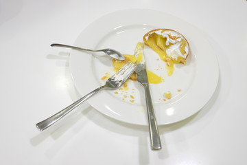 Scraps, waste and crumbs from the cake in a plate with a fork with a spoon and knife