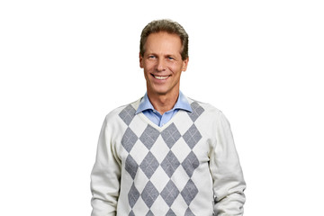 Fototapeta premium Portrait of happy man on white background. Smiling male manager isolated on white background.