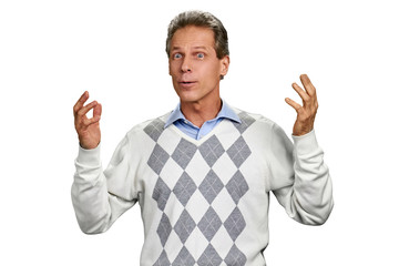 Naklejka premium Happy surprised man on white background. Shocked cheerful man raised hands over white background. Human positive expressions.