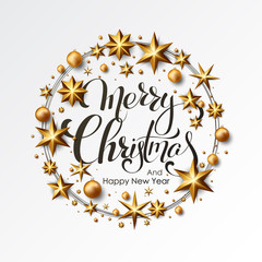 Merry Christmas Calligraphic Inscription Decorated with Golden Stars and Beads.