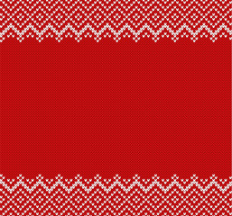 Fototapeta na wymiar Knit geometric ornament background with empty place for text. Knitted textured pattern in fair Isle style.