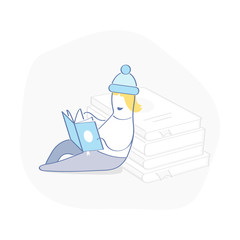 Young guy reads book leaning on books, study and knowledge, education and research, literature fans or lover concept. Cute cartoon vector illustration doodle on white