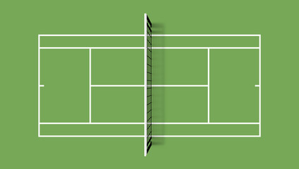 Tennis court. Grass cover field. Top view vector illustration with grid and shadow