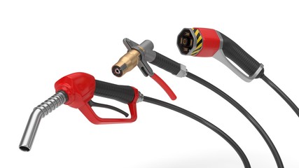 fuel, gas and electric nozzle illustration in 3d. © kmls