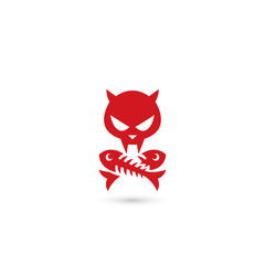 Cat skull and crossbones cross fish bones, red sign