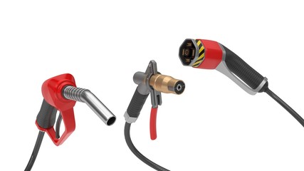 fuel, gas and electric nozzle illustration in 3d.
