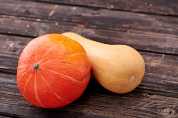 pumpkins on dark wooden background