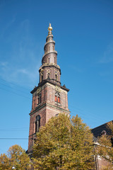 Copenhagen, Denmark - October 10, 2018 : View of Vor Frelsers kirke spire (our saviour church)