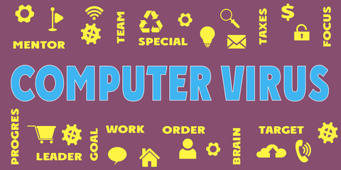 COMPUTER VIRUS Panoramic Banner with icons and tags, words. Hi tech concept. Modern style