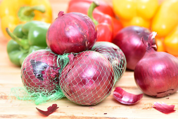 Macro red onion. Good harvest. Vegetables on the table.