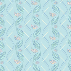 Seamless vector ornamental pattern with abstract floral  and geometric elements in pastel light blue colors