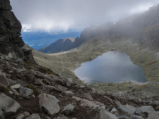 Nizne Wahlenbergovo pleso mountain lake in Furkotska dolina view from Bystre sedlo pass in high Tatras mountains in Slovakia
