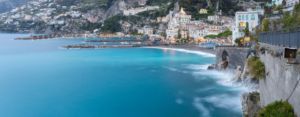 panorama of amalfi coast in morning twilight in Italy