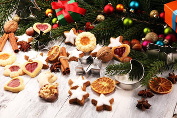 Baking christmas cookies. Typical cinnamon stars bakery for xmas with ingredients.