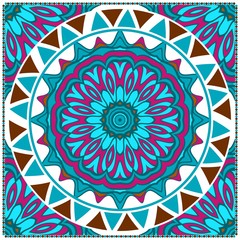 Decorative colorful floral ornament with decorative border. Ethnic mandala decoration. For fashion print, bandanna, tablecloth, neck scarf