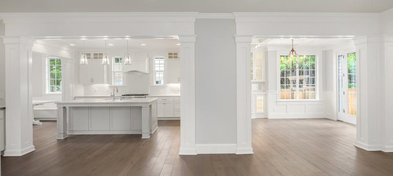 Panorama of Kitchen and Dining Room in New Luxury Home
