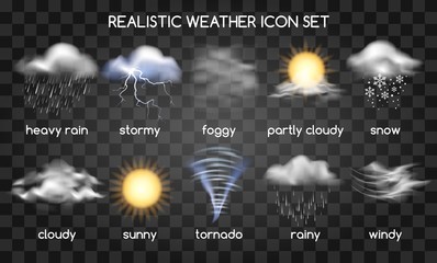 Realistic weather icons set isolated on transparent background. Vector set with type of weather