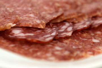 Sausage smoked close. Salami sliced on a plate.