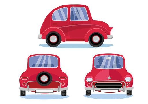 Red retro car. Cartoon automobile set in three different views: Side - Front - Back view. Cute vehicle with round headlights with driver, passenger silhouettes on white background. Flat cartoon vector