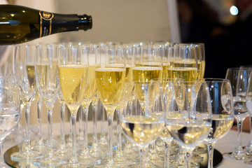 Wine glasses at the party. Alcoholic festive Banquet. 