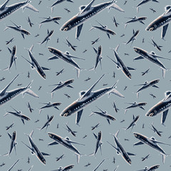 Hand drawn seamless pattern of randomly located airplane in flight in color pencils style on a gray green background