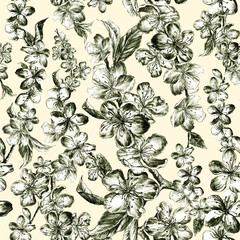 Hand drawn charcoal pencil illustration flowers of the pulm blossoms in vintage style. Beutiful seamless pattern in graphic style on a light yellow background