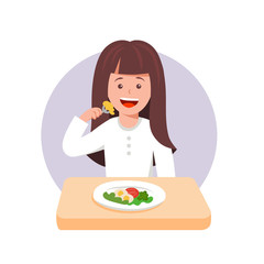 Cute curtoon vector illustration of girl sad with her dinner