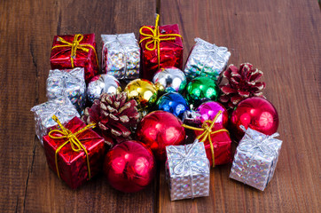Christmas decorations on wooden background