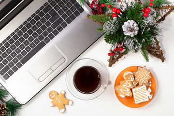 Office table with computer. Christmas background