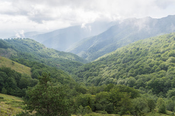 Obraz premium Beautiful mountain view from the hills on the path to the Eho hut. The Troyan Balkan is exceptionally picturesque and offers a combination of wonderful mountain scenery, fresh air.