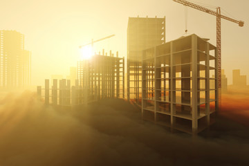 Skyscrapers under construction at sunrise