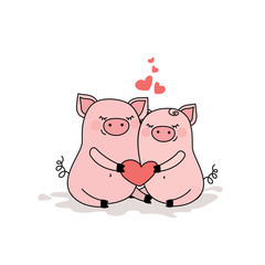 Couple of pigs in love,two cute animals with heart,isolated on white background