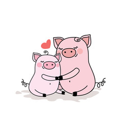 Funny pig with baby piggy,adorable animal family