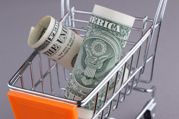 One Dollar paper currency in the shopping cart