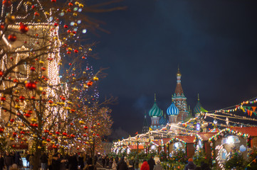 Night lights on Nikolskaya street, near the Red Square in Moscow, Russia