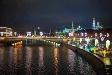 Fototapeta na wymiar Night view of the Moscow-river, Cathedral of Christ the Saviour and the Big Stone bridge, Moscow, Russia