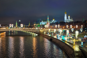 Naklejka na ściany i meble Night view of the Moscow-river, Cathedral of Christ the Saviour and the Big Stone bridge, Moscow, Russia