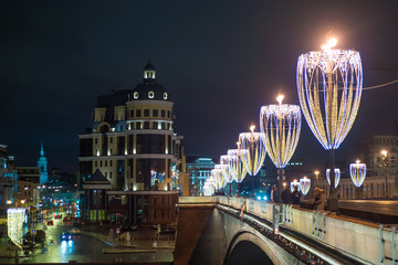 Night view of the Moscow-river, Cathedral of Christ the Saviour and the Big Stone bridge, Moscow, Russia