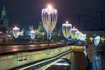 Night view of the Moscow-river, Cathedral of Christ the Saviour and the Big Stone bridge, Moscow, Russia